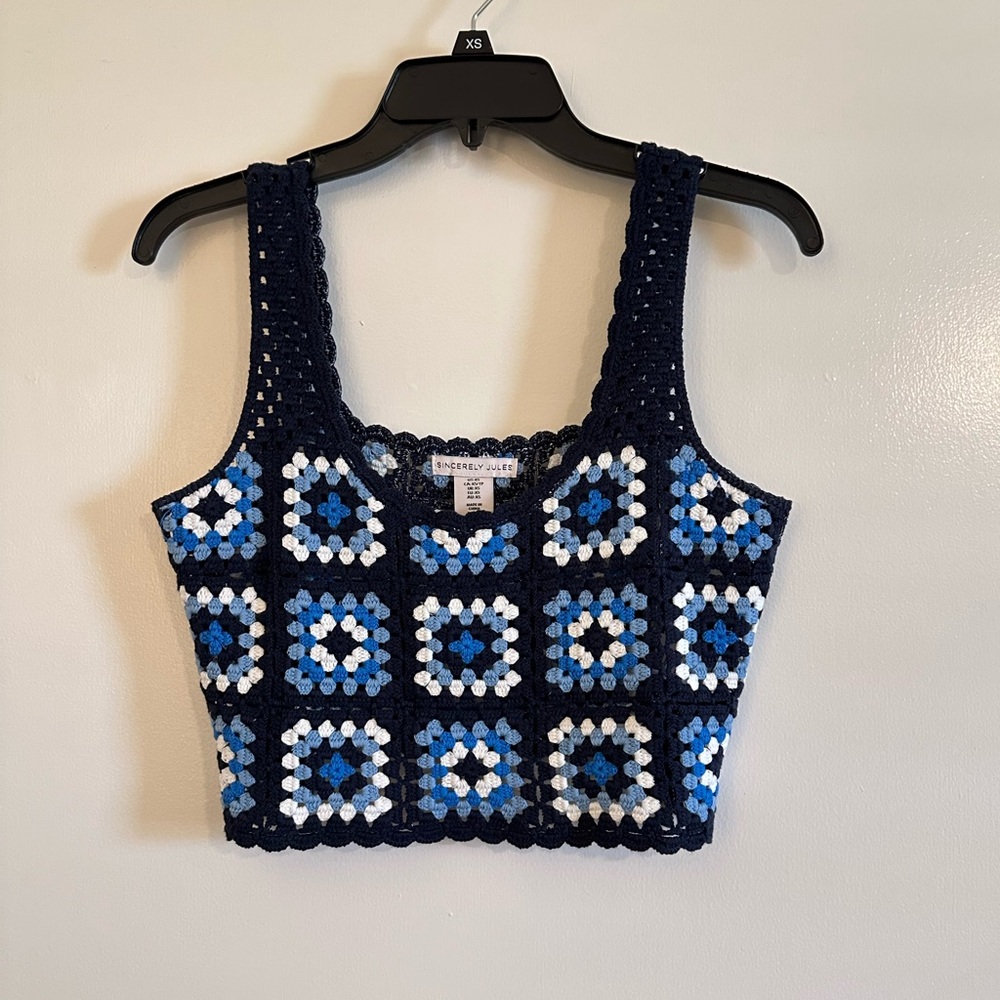 Crochet Square Pattern Top - Blue and White